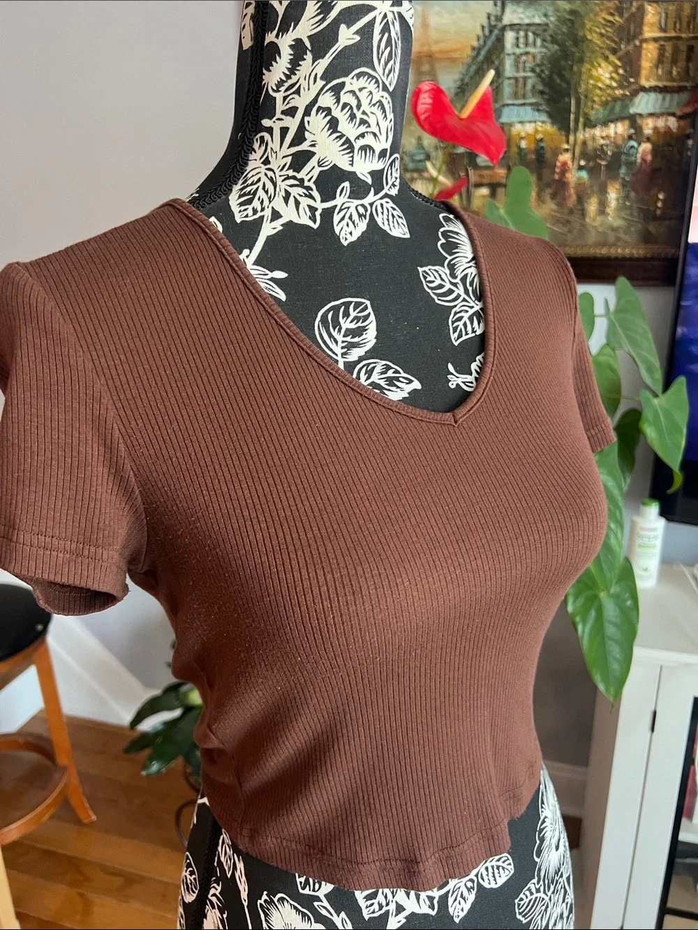 Brown Ribbed V-Neck Crop Top - Picture 2 of 4